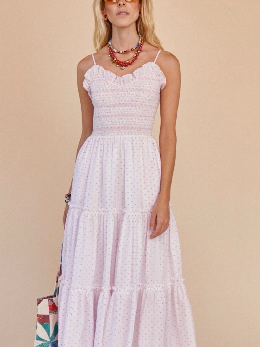 HUNTER BELL Pale Pink Smocked Maxi Dress with Ruffle Neckline